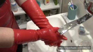 Washing red latex gloves after handjob