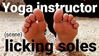 Yoga  instructor can't resist the opportunity of licking soles during the session