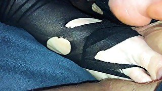 Amateur footjob #44 ripped black nylon socks ballbusting with hot cumshot