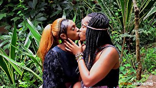 Ebony party queens outdoor lesbian makeout in African music festival