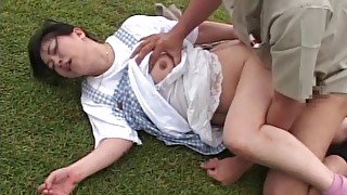 Dirty slut from Japan masturbates and gets fucked in outdoors