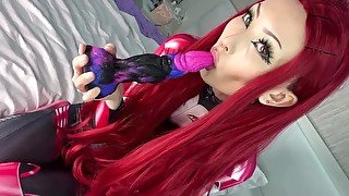 Red-haired Asian swallows a dildo/fucks herself