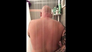 Chubby Tattooed Man Showering