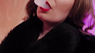 ASMR fur coat fetish, vaping smoking with leather gloves (Arya Grander)