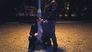 A submissive slut wife takes my piss in her mouth in a public park