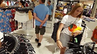 Candid skinny blonde teen 18+ in tight gray skirt shopping