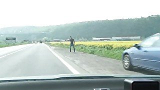 Sexy Muscular Hitchhiker Jerks Off for a Ride!