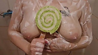 Curvy Asian HentaiFairyyy teasing and soapy shower pussy masturbation with lollipop sponge