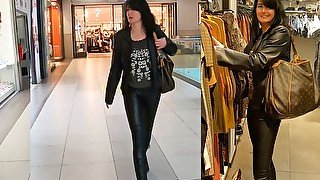 Leather slut fucks in the middle of the department store. Extreme cum eating