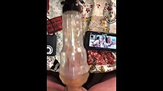 Home Alone, Watching some Lesbian Porn while using my Fleshlight attached to my Hismith Sex Machine