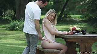 Beautiful blondie Alecia Fox is having romantic sex in the garden