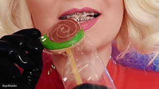 Food fetish: eating video latex blonde girl