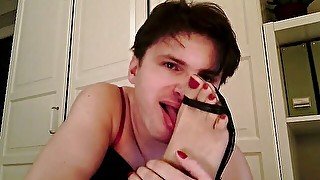 Horny trans girls licking her dirty feet