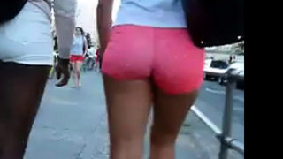 Black & White Girl Walking, Juicy bums in Tight Pink Shorts