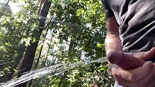 Driving and having to piss really bad! Cumming in the forest.  Cum first, long piss after, moaning