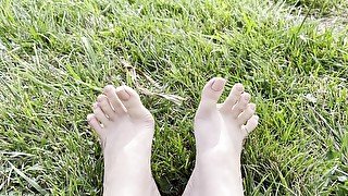 Walking Barefoot in Grass Plus Close up Toe Spreading, Crunching, Wiggling - Sexy Foot Fetish