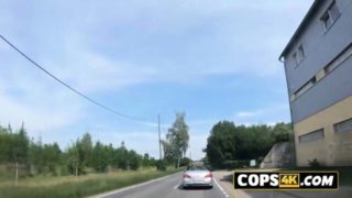 Petite babe is having anal sex with a kinky officer in doggystyle.