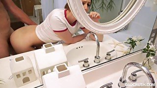 Stepdaughter Maya POV doggy fucked over the sink by her stepdad