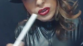 Smoking 120's in leather after putting on bright red lipstick AGENTSEXYHOT