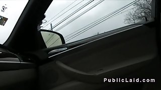 Russian amateur fucking in the car in public pov