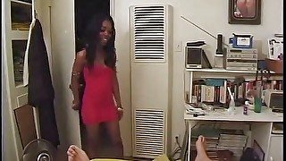 Skinny black chick sucks big white cock in bed