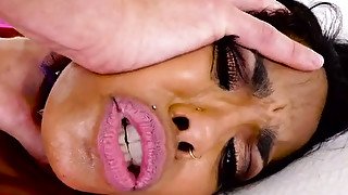 Black curvy slut in fancy pink bodysuit Havana Ginger gets anal fucked by white man tough