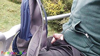 I play with my soft cock in a driving chairlift in the Bavarian Alps. Public fun outside.