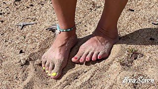 My feet and masturbation with orgasm and wet pussy close up on the beach