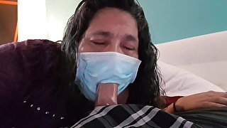 Step mom Blowjob With Facemask Covid 19