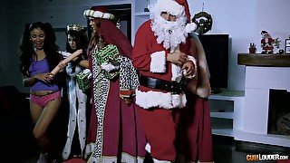 Perverted Santa fucks several bad girls and cums on their faces