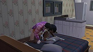 A skinny black boy in snow-white underwear fucks with a white dick in Sims