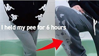 cute Japanese man held his pee for 6 hours and leaked a lot...!