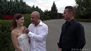 Cute redhead bride Mina K fucked in MMF threesome balls deep