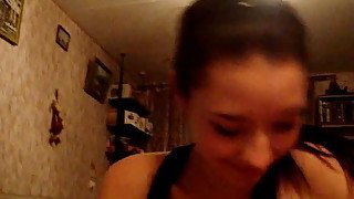 POV style video with lewd brunette giving blowjob