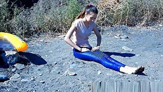 Bright Blue Jeans Wetlook Russian Girl Beach