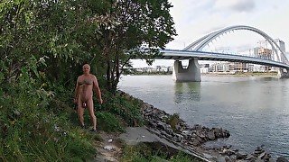 Naked under the Apollo bridge in Bratislava, Slovakia