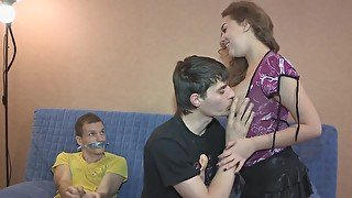 Ductaped dude must watch while another man fucks his girlfriend