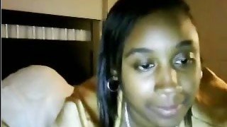 Dark skinned giggling brunette nympho with nice big tits chats with my friend