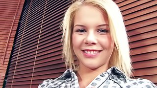 Sophie M enjoys fingering her smooth vag in an office