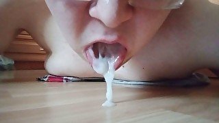 Cumming through ass and licking own cum from the floor