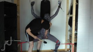 Ballbusting and electro on the balls of tied black Spiderman