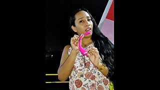 Sexy latina paying with sex toy in public!