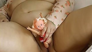 Fat old whore pokes herself with a toy and dirty bitch helps her