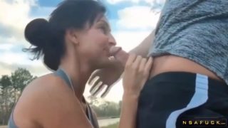 French milf outdoor blowjob cum in mouth