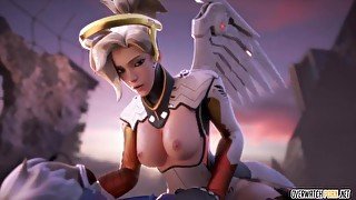 Horny blonde babe from Overwatch game called Mercy taking big dick missionary style