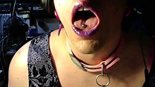 sissy transgender in makeup lipstick and purple dress and pink bra show tits boobs