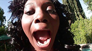 Ebony slut gives blowbang to several black cocks