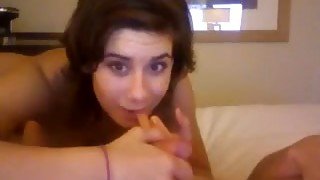 Cute brunette girlfriend playfully sucked my cock on webcam