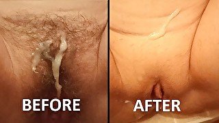 Wife gets cum on a hairy pussy, shaves it and then gets cum again.