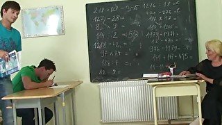 Granny teacher double penetration in the classroom